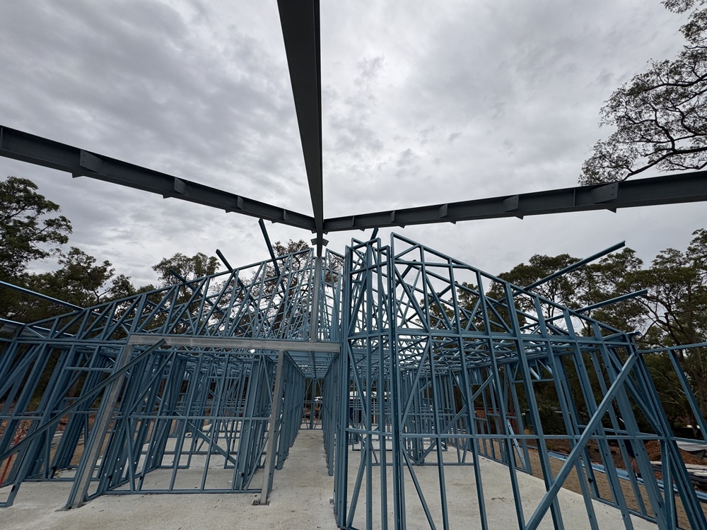 Steel frame with structural steel beams on a commercial build